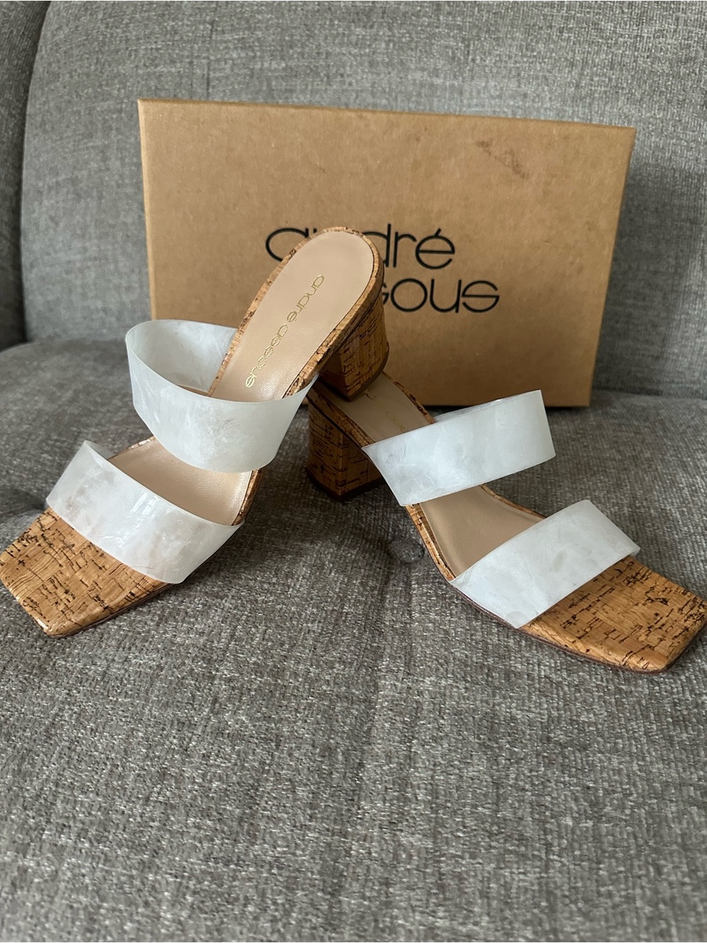 Andre Assous White Cork Block Heel Slide Sandals